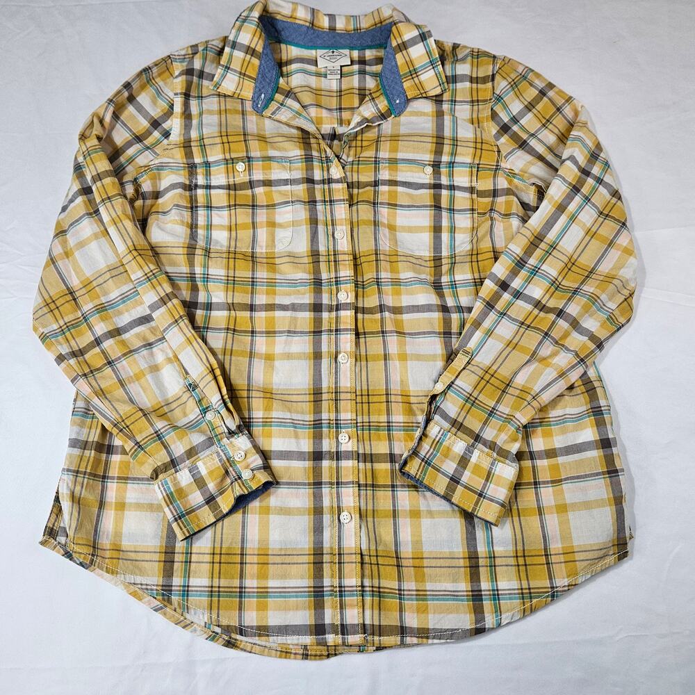 St Johns Bay Plaid Button Up Shirt Womens L Yellow Long Sleeve 100% Cotton